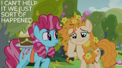 Size: 1280x720 | Tagged: safe, edit, edited screencap, editor:quoterific, screencap, cup cake, pear butter, earth pony, pony, g4, season 7, the perfect pear, cake, chiffon swirl, duo, duo female, female, food, mare, pear tree, tree, wavy mouth, younger