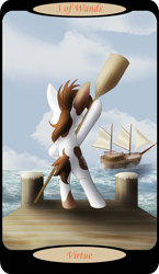 Size: 1500x2591 | Tagged: safe, artist:sixes&sevens, pipsqueak, earth pony, pony, g4, bipedal, bipedal leaning, facing away, leaning, male, minor arcana, oar, ocean, older, older pipsqueak, pier, ship, solo, tarot card, three of wands