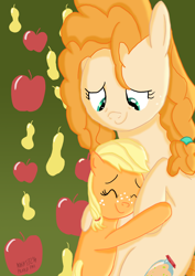 Size: 2480x3508 | Tagged: safe, artist:ace play, applejack, pear butter, earth pony, pony, g4, apple, blank flank, duo, female, filly, filly applejack, food, high res, hug, mare, mother and child, mother and daughter, mother's day, obligatory apple, pear, smiling, younger