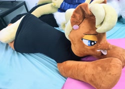 Size: 4640x3301 | Tagged: safe, artist:drzedworth, artist:redness, ms. harshwhinny, earth pony, pony, g4, bed, clothes, ear piercing, earring, irl, jewelry, life size, photo, piercing, plushie, sweater, tongue out, turtleneck