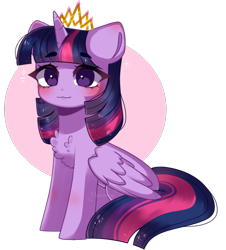 Size: 775x859 | Tagged: safe, artist:moon-rose-rosie, twilight sparkle, alicorn, pony, g4, :3, blushing, chest fluff, commission, commissioner:biohazard, crown, cute, eyebrows, eyebrows visible through hair, female, horn, jewelry, mare, no source available, regalia, simple background, sitting, smiling, solo, twiabetes, twilight sparkle (alicorn), wings, ych result