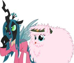 Size: 7942x6772 | Tagged: safe, artist:anime-equestria, queen chrysalis, oc, oc:fluffle puff, changeling, changeling queen, pony, g4, ajay ghale, clothes, crossover, duo, fangs, far cry 4, female, headband, mare, pagan min, simple background, smiling, suit, tongue out, transparent background, vector, wings