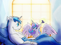 Size: 1000x732 | Tagged: safe, artist:capt_hairball, princess flurry heart, shining armor, alicorn, pony, unicorn, g4, bed, chess, cute, father and child, father and daughter, female, flurrybetes, glowing horn, horn, injured, male, smiling, stallion, window