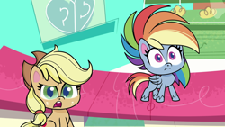 Size: 1920x1080 | Tagged: safe, screencap, applejack, rainbow dash, earth pony, pegasus, pony, g4.5, my little pony: pony life, the best of the worst, applejack's hat, breaking the fourth wall, confused, cowboy hat, duo, duo female, female, hat, looking at you, mare, open mouth, shocked, sitting, sugarcube corner