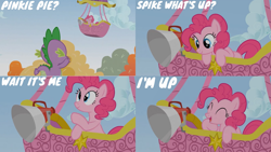 Size: 1280x720 | Tagged: safe, edit, edited screencap, editor:quoterific, screencap, pinkie pie, spike, dragon, earth pony, pony, fall weather friends, g4, season 1, ^^, cute, diapinkes, duo, eyes closed, female, hot air balloon, male, mare, open mouth, stallion, twinkling balloon