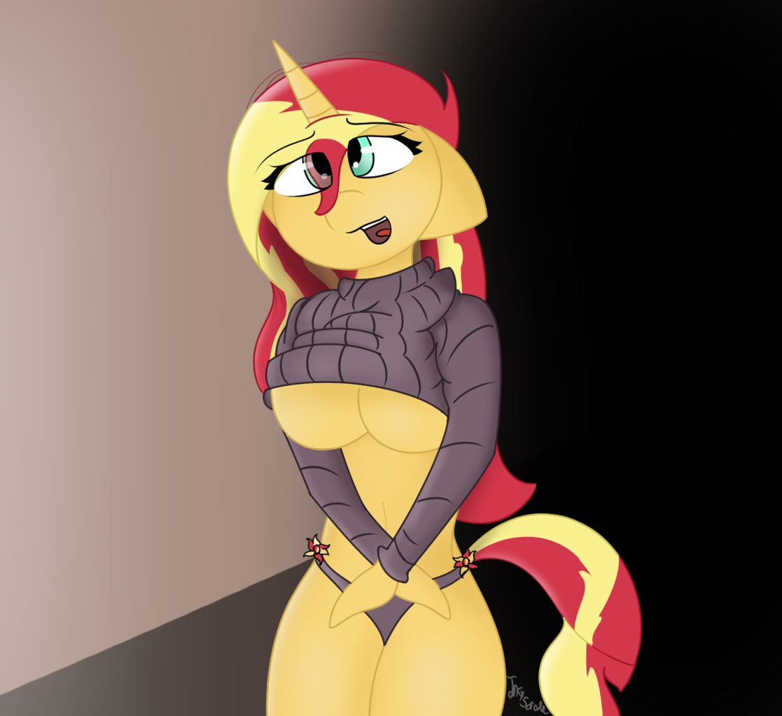 #2611527 - suggestive, artist:inky scroll, sunset shimmer, unicorn, anthro,...