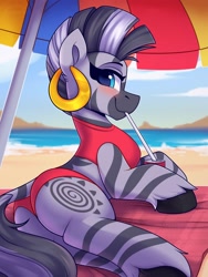 Size: 1500x2000 | Tagged: safe, artist:shadowreindeer, zecora, pony, zebra, g4, beach, beach towel, beach umbrella, bikini, blushing, butt, clothes, commission, cute, dock, drinking, drinking straw, ear piercing, female, looking at you, midriff, outdoors, piercing, plot, soda can, solo, swimsuit, towel, ych result, zecorable, zecorass