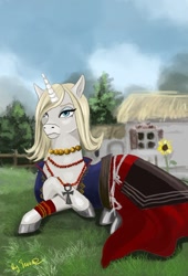 Size: 734x1080 | Tagged: safe, artist:terr@koterr@, pony, unicorn, art pack:the lodge of sorceresses, amulet, beads, clothes, dress, flower, jewelry, keira metz, looking at you, scenery, sunflower, the witcher, the witcher 3, village