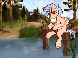Size: 1440x1078 | Tagged: safe, artist:kotya, artist:toanderic, pony, advertisement, animated, collaboration, commission, fishing, fishing rod, forest, forest background, pier, pond, solo, webm, ych example, your character here