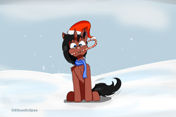Size: 3000x2000 | Tagged: safe, artist:ethan eclipse, oc, oc:benjamin terrance tover, pony, candy, candy cane, christmas, ear piercing, earring, food, glasses, hat, high res, holiday, jewelry, mouth hold, piercing, santa hat, sitting, snow, tail wag