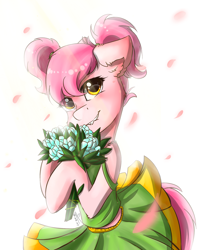 Size: 1468x1824 | Tagged: safe, alternate character, alternate version, artist:yuris, oc, oc only, pony, clothes, commission, falling, female, petals, pink mane, ponytails, skirt, smiling, solo, ych result, yellow eyes