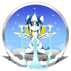 Size: 2000x2000 | Tagged: safe, artist:ce2438, oc, oc only, oc:flowing chalice, oc:yinglongfujun, pegasus, pony, blessed fountain, blue mane, chalice, chalice bearer, cleric, cloud, domain:sustenance, domain:water, female, food, galicia, high res, mare, marshmallow, ocean, pigtails, priest, silver, smiling, solo, spain, stars, twintails, water, water coat, white mane, wings
