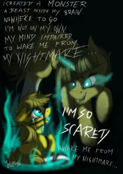 Size: 2894x4093 | Tagged: safe, artist:julunis14, oc, oc only, oc:ayza, pony, unicorn, alternate design, ankle cuffs, blank flank, bondage, bridle, broken horn, coat markings, crying, cuffs, digital art, facial markings, female, filly, glowing eyes, horn, horn ring, lyrics, magic, magic suppression, medibang paint, nightmarified, ring, ropes, sad, scared, self ponidox, signature, socks (coat markings), song reference, star (coat marking), tack, text, vent art, younger