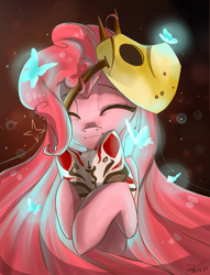 Size: 2280x2992 | Tagged: safe, artist:yuris, pinkie pie, earth pony, insect, moth, pony, g4, abstract background, cute, cuteamena, eyes closed, female, high res, japan, japanese, kabuki, long hair, masks, solo