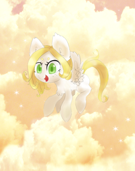 Size: 1983x2519 | Tagged: safe, artist:kirenfox, oc, oc only, oc:pearl, pegasus, pony, big ears, cloud, cloudy, flying, open mouth, pegasus oc, solo