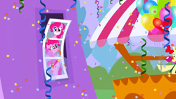 Size: 1280x720 | Tagged: safe, screencap, pinkie pie, g4, season 1, the ticket master, background, balloon, big grin, canterlot, confetti, grin, imagine spot, no pony, party balloon, photo, photo booth, scenic ponyville, smiling
