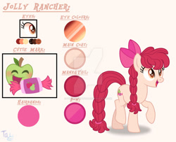 Size: 1280x1040 | Tagged: safe, artist:purplepotato04, oc, oc only, oc:jolly rancher, earth pony, pony, deviantart watermark, female, magical lesbian spawn, mare, obtrusive watermark, offspring, parent:apple bloom, parent:twist, parents:twistbloom, reference sheet, solo, watermark