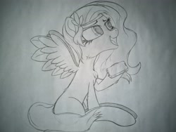 Size: 4032x3024 | Tagged: safe, artist:straighttothepointstudio, pipp petals, pegasus, pony, g5, adorapipp, black and white, cellphone, cute, female, grayscale, happy, looking up, mare, monochrome, phone, sitting, smartphone, solo