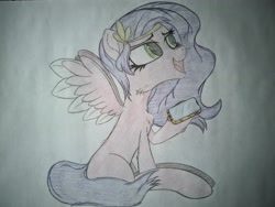 Size: 4032x3024 | Tagged: safe, artist:straighttothepointstudio, edit, pipp petals, pegasus, pony, g5, cellphone, colored, female, happy, looking up, mare, phone, sitting, smartphone, solo