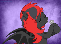 Size: 4891x3506 | Tagged: safe, artist:108-zeroforce, artist:starshade, oc, oc only, oc:sharpe, bat pony, pony, base used, bat pony oc, bat wings, choker, commission, ear fluff, eyes closed, female, freckles, mare, microphone, simple background, singing, solo, wings, ych result