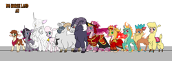 Size: 4420x1600 | Tagged: safe, artist:thescornfulreptilian, arizona (tfh), oleander (tfh), paprika (tfh), pom (tfh), tianhuo (tfh), velvet (tfh), oc, alpaca, classical unicorn, cow, deer, dragon, hybrid, longma, pony, reindeer, sheep, unicorn, them's fightin' herds, alternate universe, cloven hooves, community related, horn, leonine tail, size chart, size comparison, unshorn fetlocks