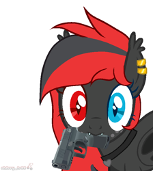 Size: 650x725 | Tagged: safe, artist:housston, oc, oc only, oc:sharpe, bat pony, pony, bat pony oc, commission, ear fluff, ear piercing, fangs, female, freckles, gun, handgun, heterochromia, looking at you, mare, mouth hold, piercing, pistol, solo, weapon, ych result