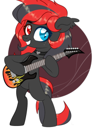 Size: 2224x2990 | Tagged: safe, artist:seichi, oc, oc only, oc:sharpe, bat pony, pony, bat pony oc, bipedal, choker, commission, ear fluff, electric guitar, female, freckles, guitar, heart choker, heterochromia, high res, mare, musical instrument, solo, ych result