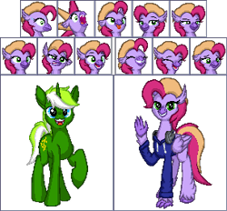 Size: 304x282 | Tagged: safe, artist:zeka10000, oc, oc:circuit mane, oc:luminous wave, classical hippogriff, hippogriff, pony, unicorn, clothes, commission, confused, derp, emoji, emotions, eyes closed, female, grin, happy, headphones, hoodie, laughing, looking at you, male, pixel art, raised hoof, sad, scared, shocked, simple background, smiling, smirk, stallion, suspicious, tongue out, transparent background