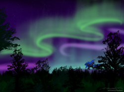 Size: 3500x2600 | Tagged: safe, artist:magnusmagnum, princess luna, alicorn, pony, g4, aurora borealis, female, flying, forest, high res, mare, night, scenery, scenery porn, smiling, solo, stars, tree