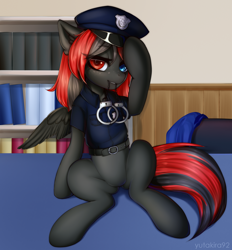 Size: 2780x3000 | Tagged: safe, alternate version, artist:yutakira92, oc, oc only, oc:sharpe, pegasus, pony, bottomless, clothes, cuffs, female, freckles, hat, heterochromia, high res, holding hat, looking at you, mare, mouth hold, partial nudity, pegasus oc, police, police hat, police officer, police pony, police uniform, sexy, sitting, solo, uniform