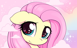Size: 2480x1548 | Tagged: safe, artist:moozua, edit, fluttershy, pegasus, pony, g4, bust, cloud, cropped, cute, female, floppy ears, heart eyes, looking at you, mare, portrait, shyabetes, smiling, solo, sparkly eyes, starry eyes, three quarter view, weapons-grade cute, wingding eyes