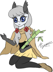 Size: 1035x1388 | Tagged: safe, artist:magnusmagnum, oc, oc only, oc:bamboo mistshadow, bat pony, bear, panda, panda pony, anthro, plantigrade anthro, bamboo, bat pony oc, booties, bow, cape, clothes, corset, ear fluff, fangs, female, holding, looking at you, mare, pantyhose, ribbon, signature, simple background, sitting, skirt, slit pupils, smiling, solo, transparent background