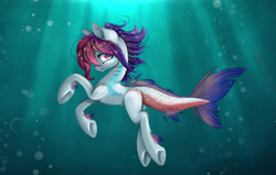 Size: 1280x813 | Tagged: safe, artist:mysteriousshine, artist:say-burn-in-heaven, oc, oc only, pony, bubble, crepuscular rays, fins, fish tail, flowing mane, looking at you, ocean, purple eyes, solo, sunlight, swimming, tail, underwater, water