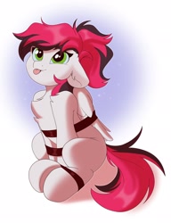 Size: 1574x2048 | Tagged: safe, artist:kebchach, oc, oc only, oc:siren, pegasus, pony, :p, bondage, bound wings, chest fluff, female, happy bondage, mlem, silly, sitting, solo, tongue out, wings