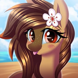 Size: 2250x2250 | Tagged: artist needed, safe, oc, oc only, oc:cocoa, earth pony, pony, beach, blaze (coat marking), blushing, bust, coat markings, cute, dark mask (facial marking), earth pony oc, facial markings, female, flower, flower in hair, freckles, high res, looking at you, mare, portrait, smiling, smiling at you, solo, tongue out