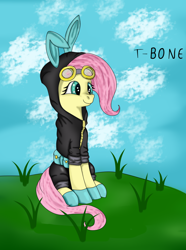 Size: 1280x1721 | Tagged: safe, artist:t-bon3thepony, fluttershy, pony, g4, bunny ears, clothes, cloud, costume, dangerous mission outfit, female, goggles, grass, hoodie, mare, outdoors, sitting, sky, smiling, solo, three quarter view