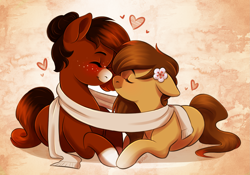 Size: 2163x1515 | Tagged: safe, artist:nedoelf, oc, oc only, oc:cocoa, oc:java, earth pony, pony, blushing, clothes, coat markings, cute, earth pony oc, eyes closed, female, flower, flower in hair, freckles, heart, lying down, mare, nuzzling, ocbetes, scarf, smiling, socks (coat markings)