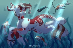 Size: 1500x1000 | Tagged: safe, artist:malarunych, oc, oc only, fish, pony, bubble, clothes, microphone, ocean, solo, swimming, tail, underwater, water