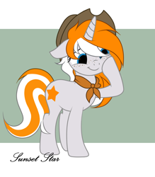 Size: 1050x1199 | Tagged: safe, artist:adele4, oc, oc only, oc:sunset star, pony, unicorn, commission, cowboy hat, female, freckles, hat, horn, mare, neckerchief, solo, unicorn oc, ych result