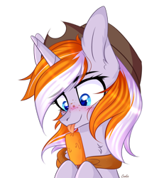 Size: 1480x1654 | Tagged: safe, artist:cookie, oc, oc only, oc:sunset star, pony, unicorn, blushing, cowboy hat, cute, eating, female, food, freckles, hat, heart eyes, horn, licking, mare, neckerchief, popsicle, simple background, solo, tongue out, transparent background, unicorn oc, wingding eyes