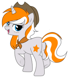 Size: 1250x1428 | Tagged: safe, artist:unichan, oc, oc only, oc:sunset star, pony, unicorn, butt, commission, cowboy hat, female, freckles, hat, horn, looking back, mare, neckerchief, open mouth, plot, raised leg, simple background, smiling, solo, transparent background, unicorn oc, ych result