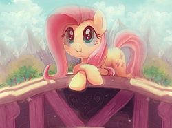 Size: 955x711 | Tagged: safe, artist:sophiesplushies, edit, fluttershy, earth pony, pony, bridge, cropped, cute, daaaaaaaaaaaw, earth pony fluttershy, race swap, shyabetes, starry eyes, wingding eyes, wingless