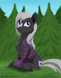 Size: 1100x1400 | Tagged: safe, artist:rockhoppr3, oc, oc only, oc:ace hearts, earth pony, pony, chest fluff, clothes, flannel shirt, grass, pine tree, sitting, solo, tree, unshorn fetlocks