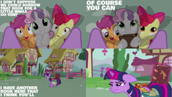 Size: 1280x720 | Tagged: safe, edit, edited screencap, editor:quoterific, screencap, apple bloom, scootaloo, sweetie belle, twilight sparkle, earth pony, pegasus, pony, unicorn, g4, hearts and hooves day (episode), season 2, adorabloom, apple bloom's bow, bag, book, bow, c:, cute, cutealoo, cutie mark crusaders, diasweetes, female, filly, hair bow, magic, mare, open mouth, saddle bag, smiling, telekinesis, unicorn twilight