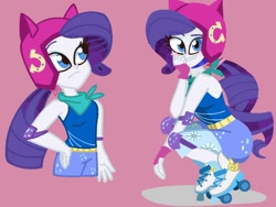 Size: 1024x768 | Tagged: safe, artist:nene, rarity, equestria girls, g4, my little pony equestria girls: friendship games, bandana, blushing, breasts, busty rarity, cute, elbow pads, female, helmet, knee pads, looking at you, purple background, raribetes, roller skates, simple background, sleeveless, smiling, solo, squatting