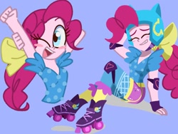 Size: 1024x768 | Tagged: safe, artist:nene, pinkie pie, equestria girls, g4, my little pony equestria girls: friendship games, alternate hairstyle, blue background, blushing, breasts, cute, diapinkes, elbow pads, eyes closed, female, helmet, knee pads, one eye closed, open mouth, ponk, ponytail, roller skates, simple background, sitting, smiling, solo, wink
