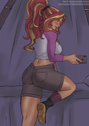 Size: 2480x3508 | Tagged: safe, artist:nire, sunset shimmer, human, equestria girls, ass, bed, bedroom eyes, blushing, boots, breasts, bunset shimmer, busty sunset shimmer, butt, camp everfree, camp everfree outfits, cellphone, clothes, denim shorts, female, high res, indoors, jumper, legs, looking at you, looking back, looking back at you, multicolored hair, one leg raised, phone, ponytail, rear view, red socks, selfie, shoes, shorts, smartphone, socks, solo, spiked headband, tan skin, tanned, turquoise eyes