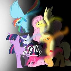 Size: 768x768 | Tagged: safe, artist:_goddesskatie_, applejack, fluttershy, pinkie pie, rainbow dash, rarity, twilight sparkle, earth pony, pegasus, pony, unicorn, g4, 2010, female, gradient background, hat, horn, mane six, mare, start of ponies, unicorn twilight, wings