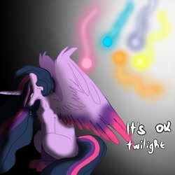 Size: 768x768 | Tagged: safe, alternate version, artist:_goddesskatie_, twilight sparkle, alicorn, pony, g4, the last problem, crying, female, gradient background, horn, immortality blues, implied applejack, implied death, implied fluttershy, implied pinkie pie, implied rainbow dash, implied rarity, mare, older, older twilight, older twilight sparkle (alicorn), princess twilight 2.0, sad, solo, twilight sparkle (alicorn), twilight will outlive her friends, wings, wisp