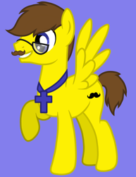 Size: 1080x1396 | Tagged: safe, artist:fruiitypieq, artist:shycookieq, oc, oc only, pegasus, pony, base used, blue background, facial hair, glasses, grin, male, moustache, pegasus oc, raised hoof, simple background, smiling, solo, stallion, wings